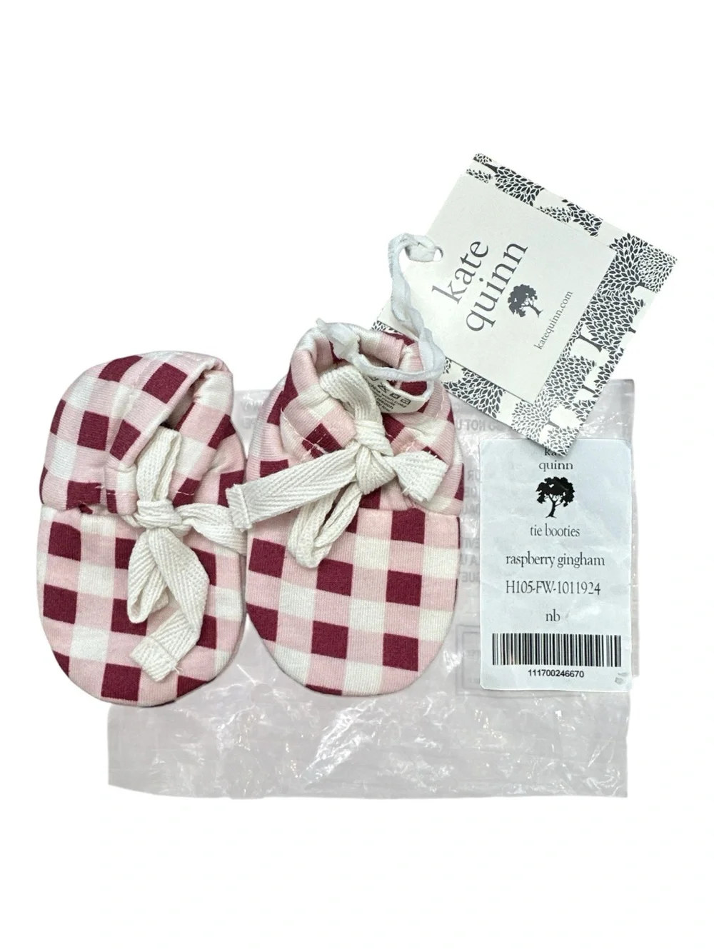 KATE QUINN Newborn Tie Booties “Raspberry Gingham” & “Dusty Grape” Slippers, NEW